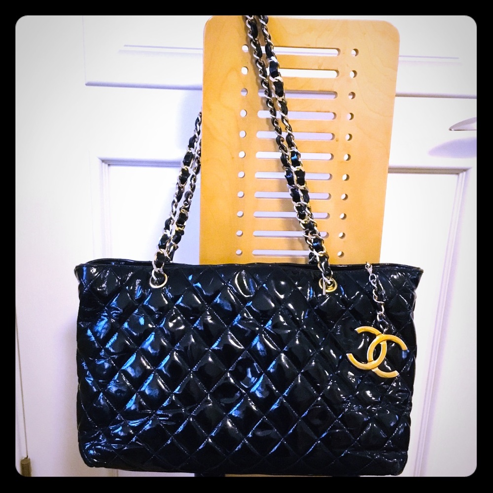 Chanel, authentic, used, patent leather bag.